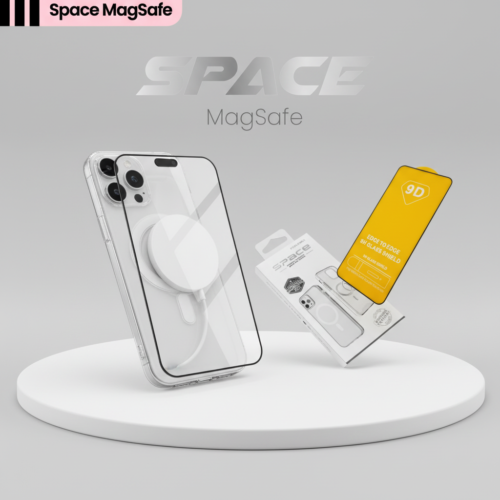 Funda Case Space MagSafe para iPhone Transparente con Mica 9D Incluida, Botones Cromados y Diseño Delgado