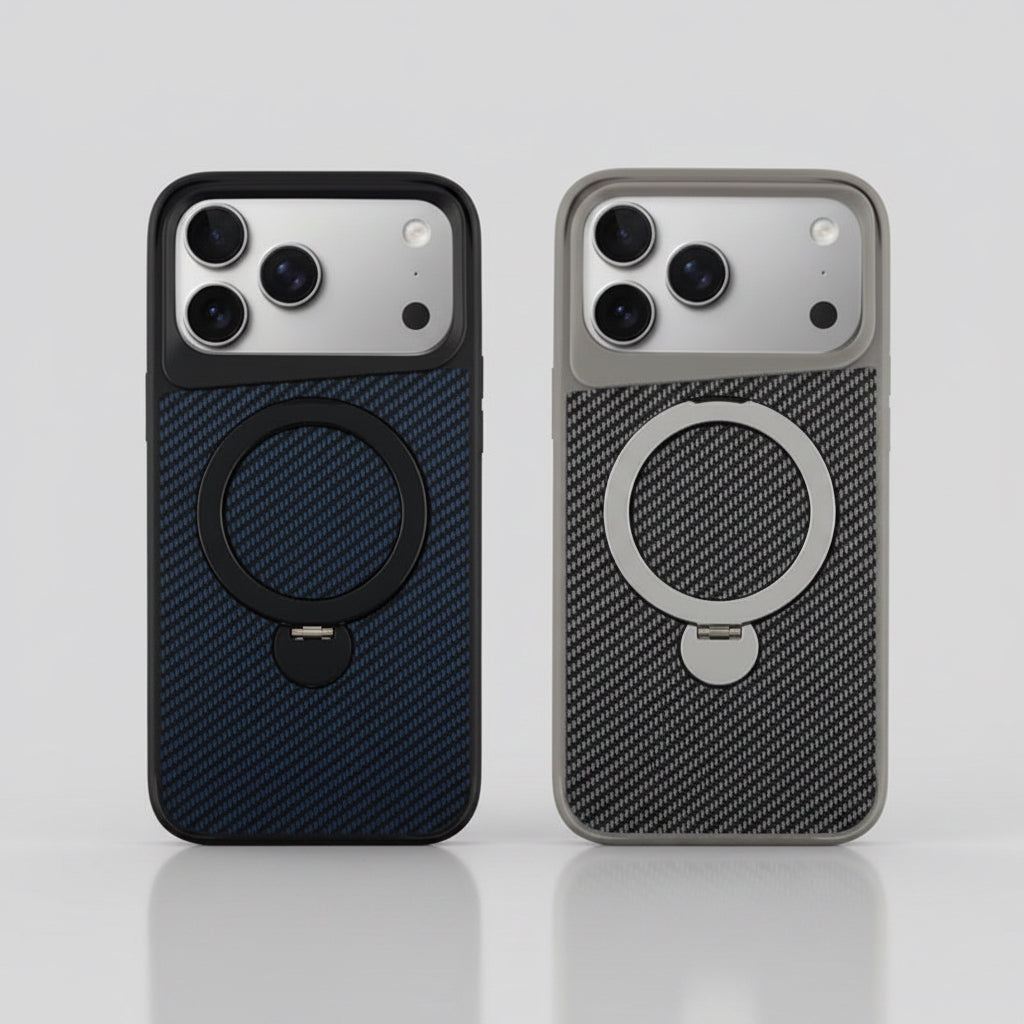 Funda Case Kimo Carbon para iPhone con Textura Tipo Fibra de Carbono, Anillo Soporte, Protección 360 y MagSafe