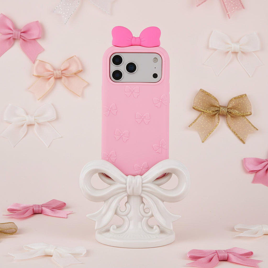Funda Case Pinky Pop para iPhone y Android de Silicona Rosa Ultrasuave con Moño 3D, Textura de Moños y Protección Reforzada