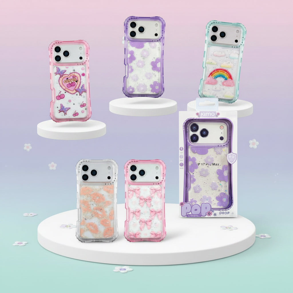 Funda Case Kimo Pop Crystal para iPhone y Android Transparente con Glitter, Diseños Cute, Esquinas Reforzadas y Protección contra Choques