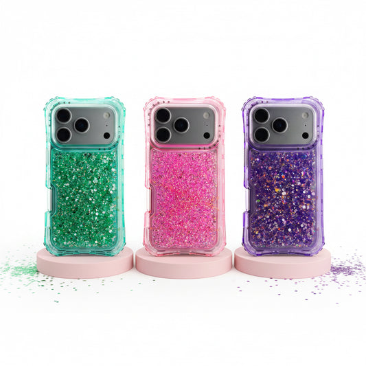 Funda Case Glimmer para iPhone y Android Transparente con Glitter, Material Amortiguador, Esquinas Reforzadas y Protección 3 en 1
