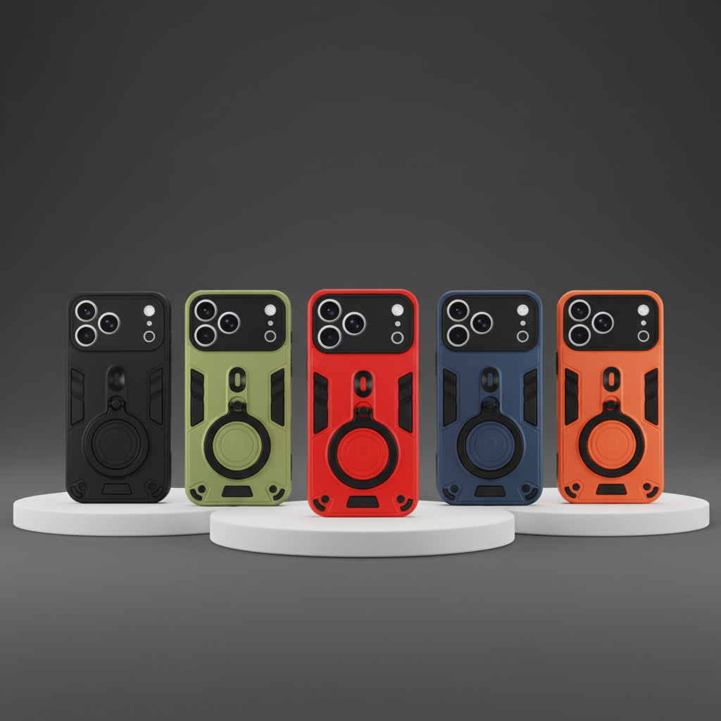 Funda Case Kimo Orbit Tech para iPhone y Android de Uso Rudo con Anillo Metálico Giratorio, Soporte para Auto y Diseño Militar